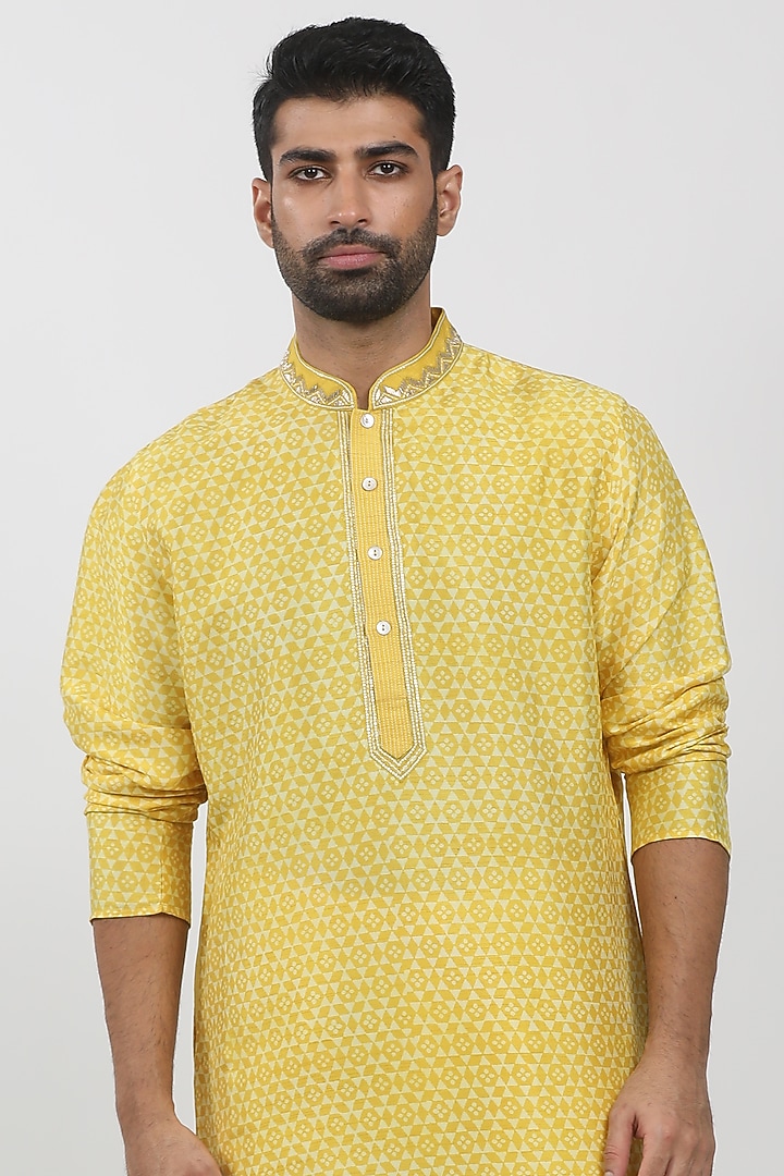 Yellow Tussar Hand Block Printed Kurta Set by Krishna Mehta Men at Pernia's Pop Up Shop