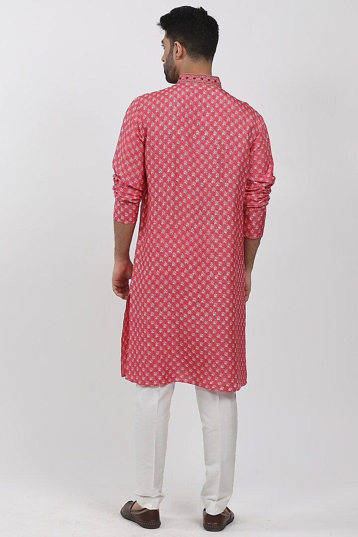 Pink Tussar Hand Block Printed Kurta Set by Krishna Mehta Men at Pernia's Pop Up Shop