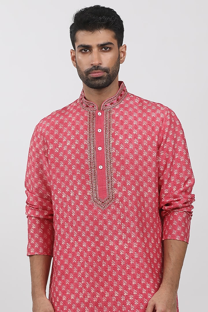 Pink Tussar Hand Block Printed Kurta Set by Krishna Mehta Men at Pernia's Pop Up Shop