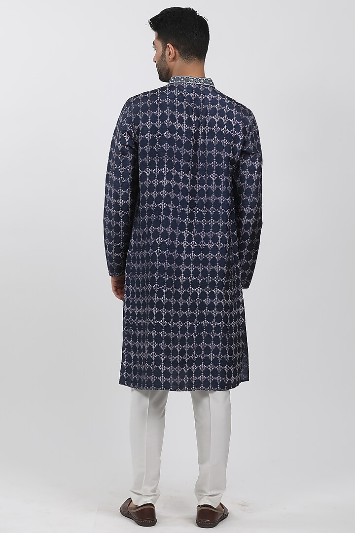 Indigo Tussar Hand Block Printed Kurta Set by Krishna Mehta Men at Pernia's Pop Up Shop