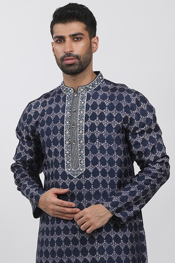 Indigo Tussar Hand Block Printed Kurta Set by Krishna Mehta Men at Pernia's Pop Up Shop