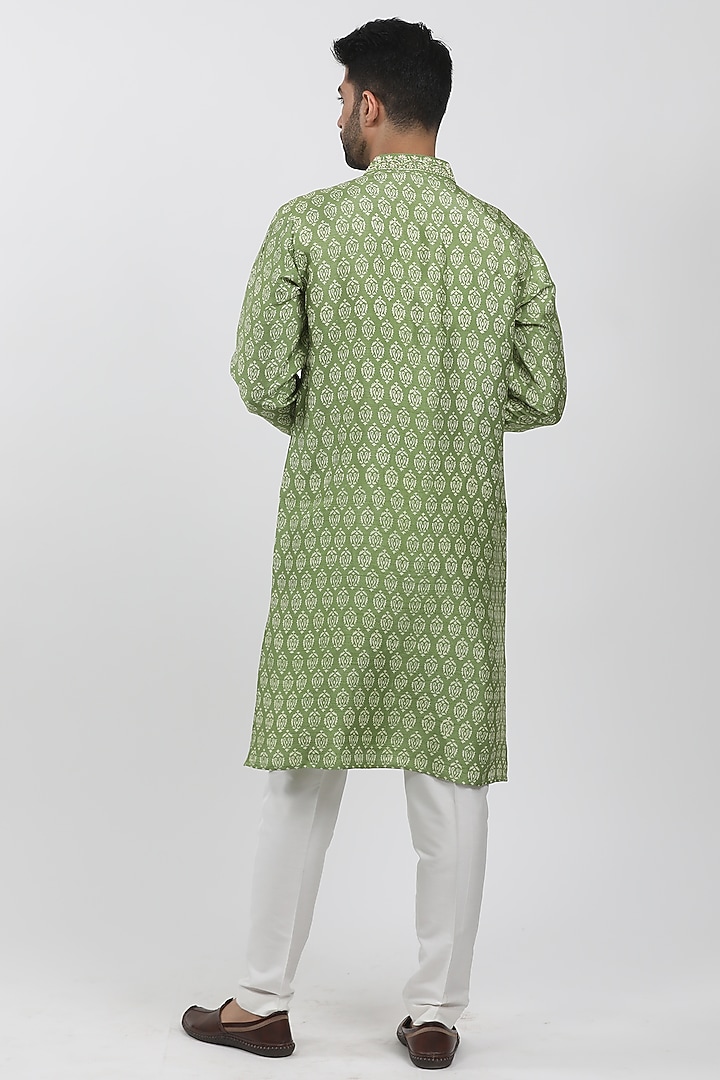 Green Tussar Hand Block Printed Kurta Set by Krishna Mehta Men at Pernia's Pop Up Shop