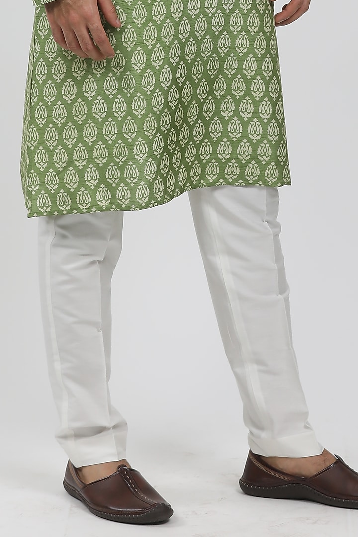 Green Tussar Hand Block Printed Kurta Set by Krishna Mehta Men at Pernia's Pop Up Shop