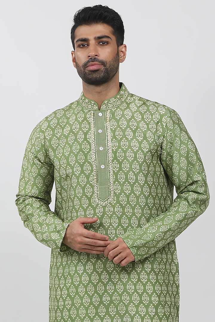 Green Tussar Hand Block Printed Kurta Set by Krishna Mehta Men at Pernia's Pop Up Shop