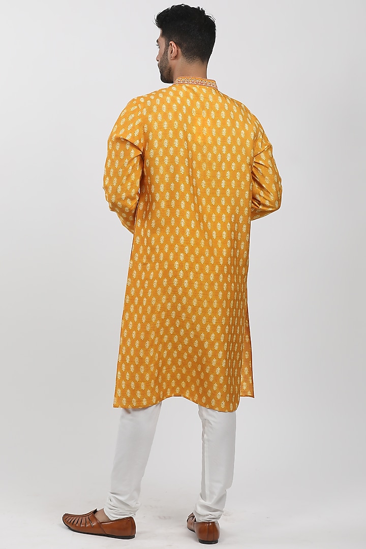 Dark Yellow Tussar Hand Block Printed Kurta Set by Krishna Mehta Men at Pernia's Pop Up Shop