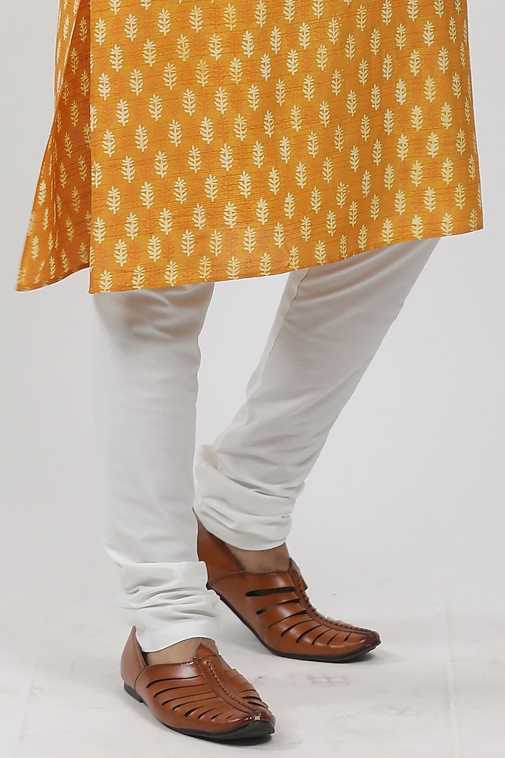 Dark Yellow Tussar Hand Block Printed Kurta Set by Krishna Mehta Men at Pernia's Pop Up Shop