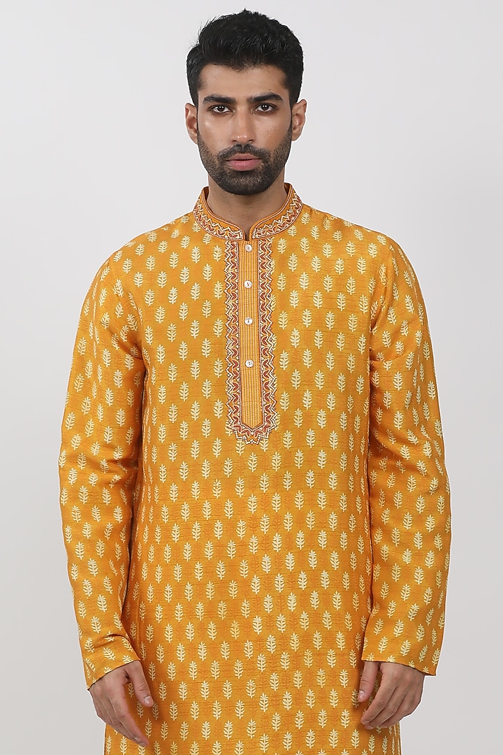 Dark Yellow Tussar Hand Block Printed Kurta Set by Krishna Mehta Men at Pernia's Pop Up Shop
