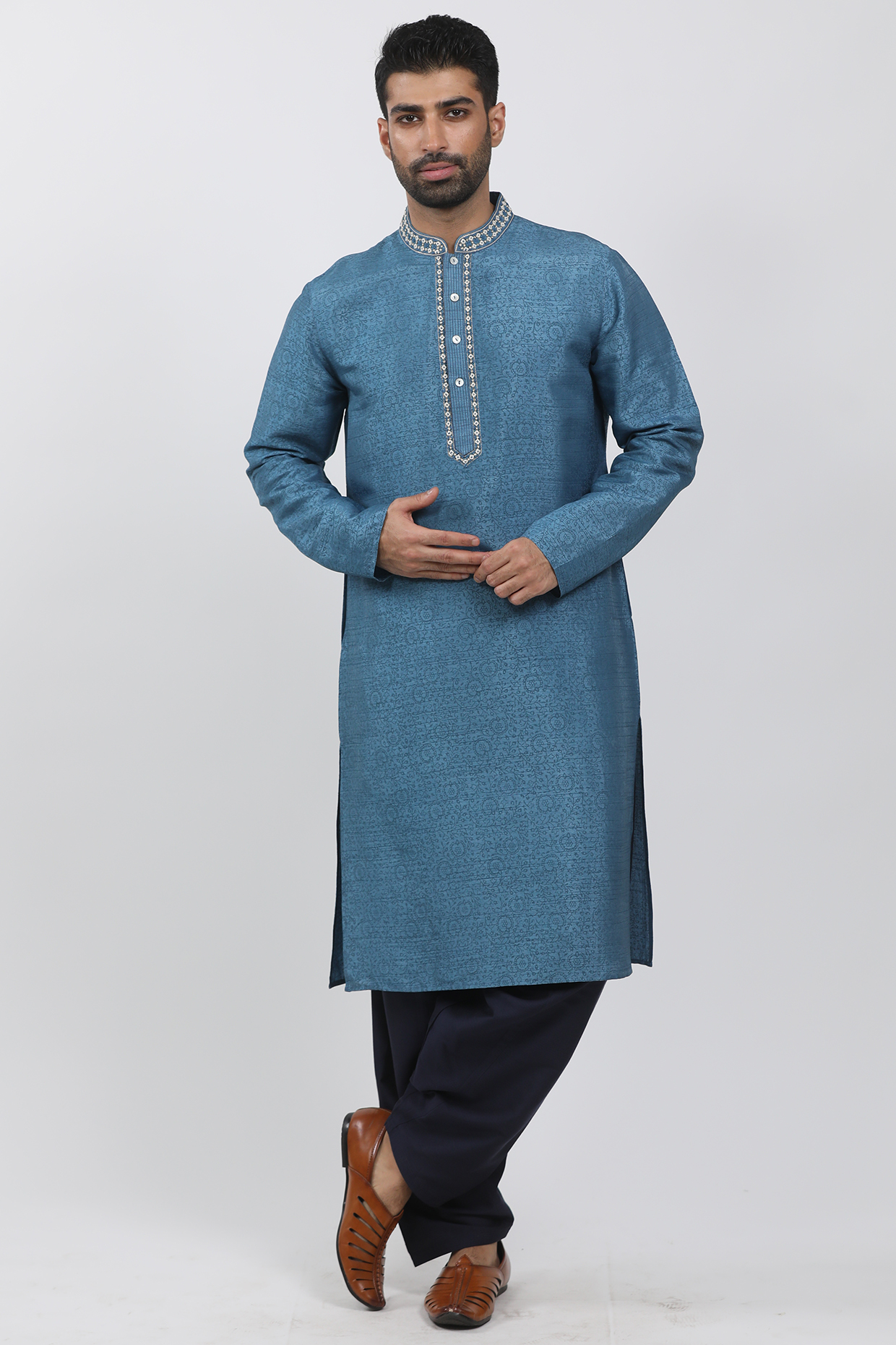 Blue Tussar Hand Block Printed Kurta Set by Krishna Mehta Men at Pernia's Pop Up Shop
