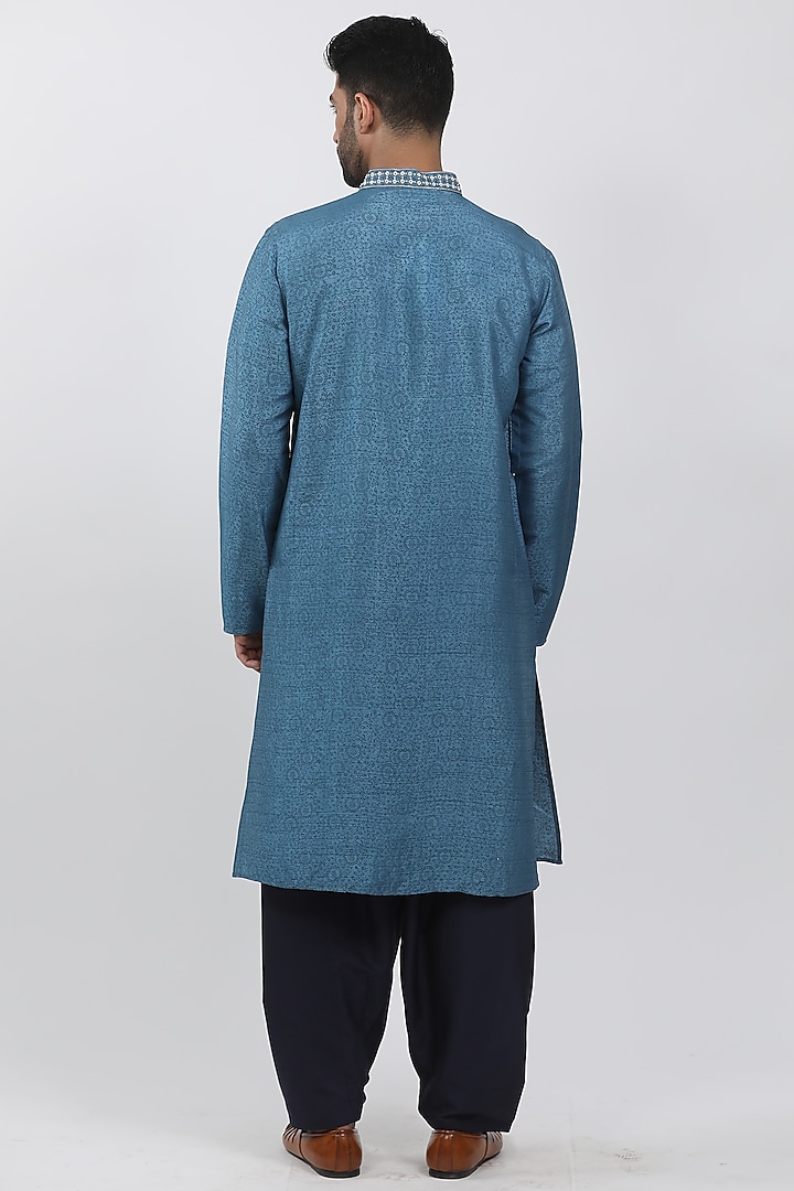 Blue Tussar Hand Block Printed Kurta Set by Krishna Mehta Men at Pernia's Pop Up Shop