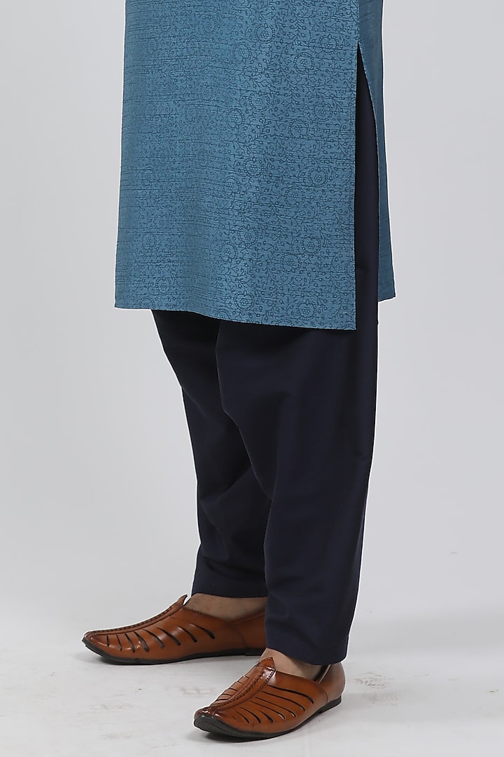 Blue Tussar Hand Block Printed Kurta Set by Krishna Mehta Men at Pernia's Pop Up Shop