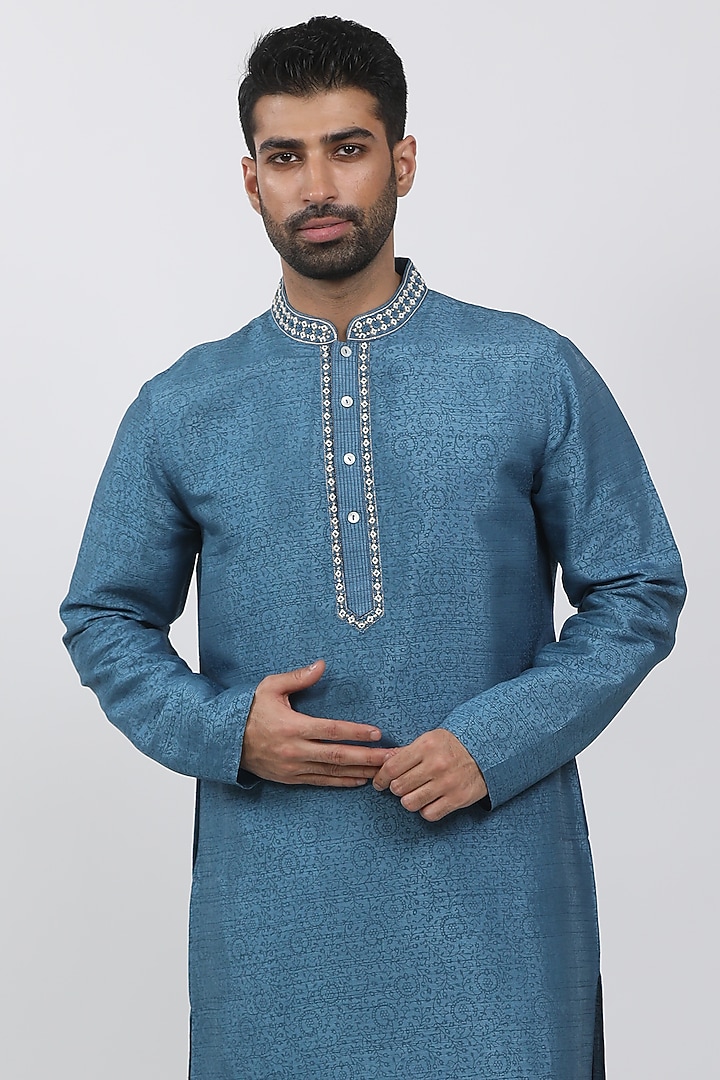 Blue Tussar Hand Block Printed Kurta Set by Krishna Mehta Men at Pernia's Pop Up Shop