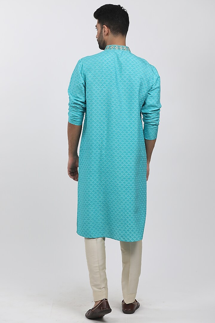 Turquoise Tussar Hand Block Printed Kurta Set by Krishna Mehta Men at Pernia's Pop Up Shop