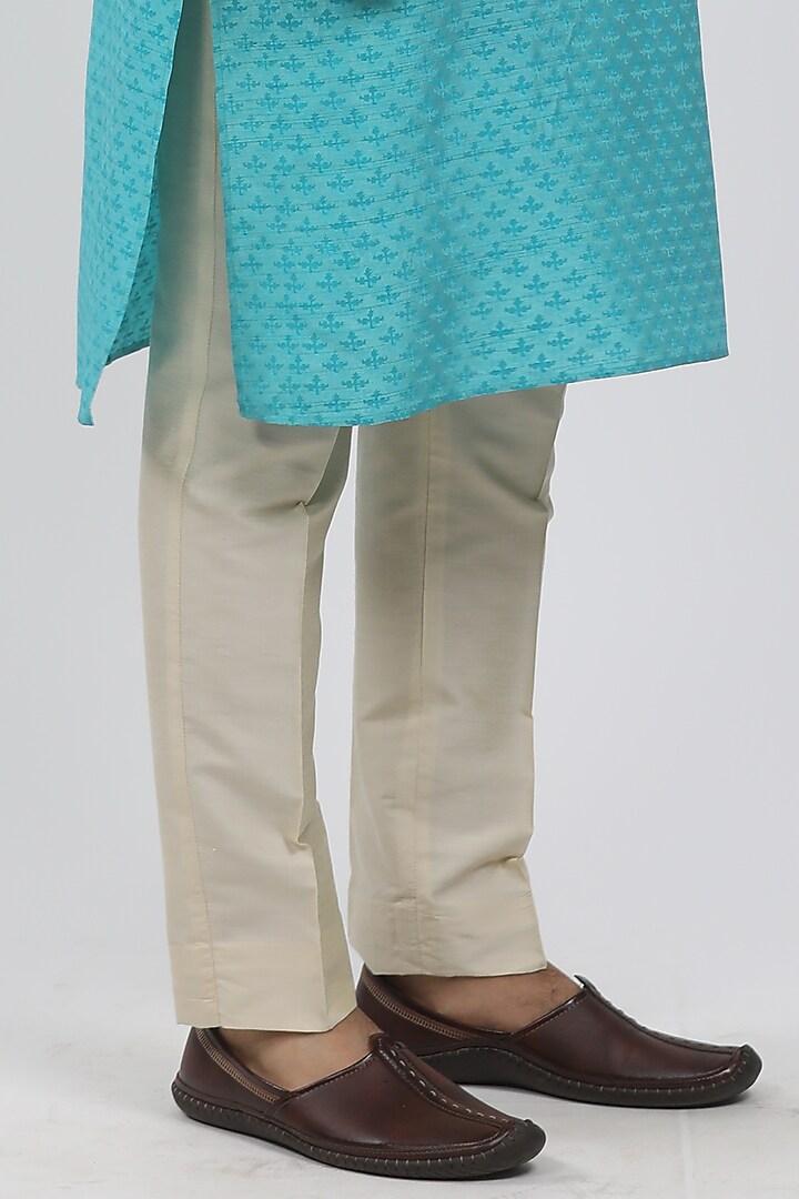 Turquoise Tussar Hand Block Printed Kurta Set by Krishna Mehta Men at Pernia's Pop Up Shop