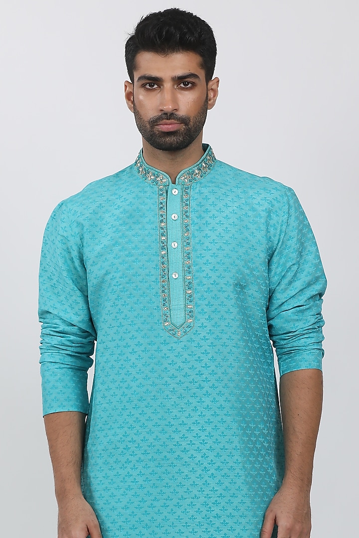 Turquoise Tussar Hand Block Printed Kurta Set by Krishna Mehta Men at Pernia's Pop Up Shop
