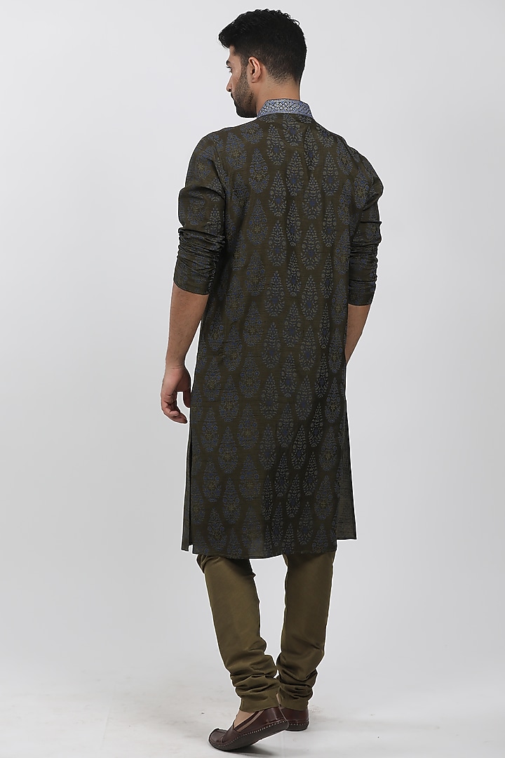 Olive Tussar Hand Block Printed Kurta Set by Krishna Mehta Men at Pernia's Pop Up Shop
