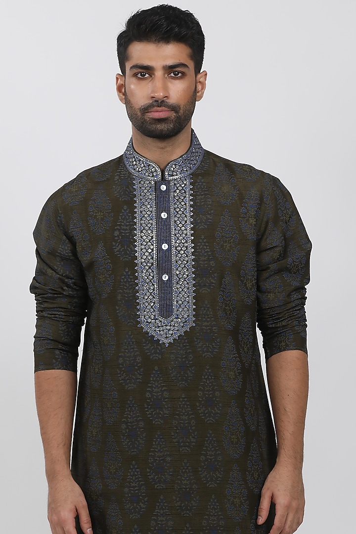Olive Tussar Hand Block Printed Kurta Set by Krishna Mehta Men at Pernia's Pop Up Shop
