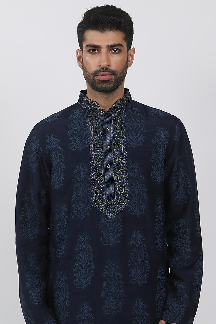 Navy Tussar Hand Block Printed Kurta Set by Krishna Mehta Men at Pernia's Pop Up Shop
