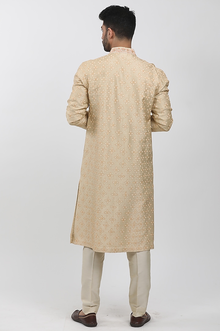 Beige Tussar Embroidered Kurta Set by Krishna Mehta Men at Pernia's Pop Up Shop