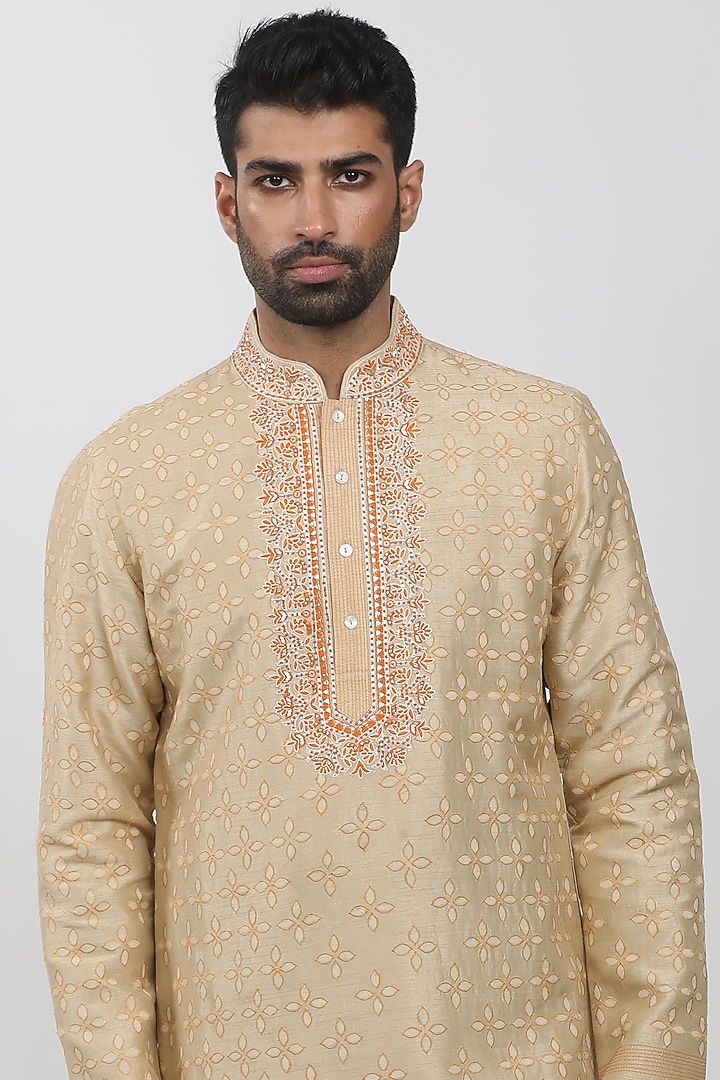 Beige Tussar Embroidered Kurta Set by Krishna Mehta Men at Pernia's Pop Up Shop