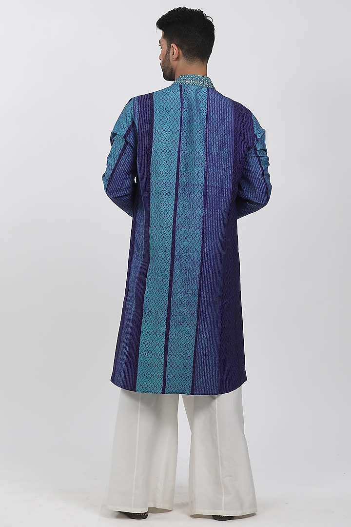 Turquoise & Indigo Tussar Hand Block Printed Kurta Set by Krishna Mehta Men at Pernia's Pop Up Shop
