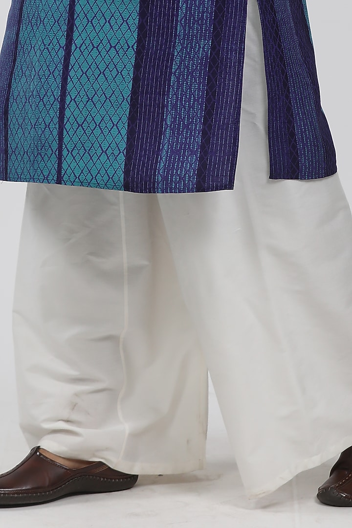 Turquoise & Indigo Tussar Hand Block Printed Kurta Set by Krishna Mehta Men at Pernia's Pop Up Shop