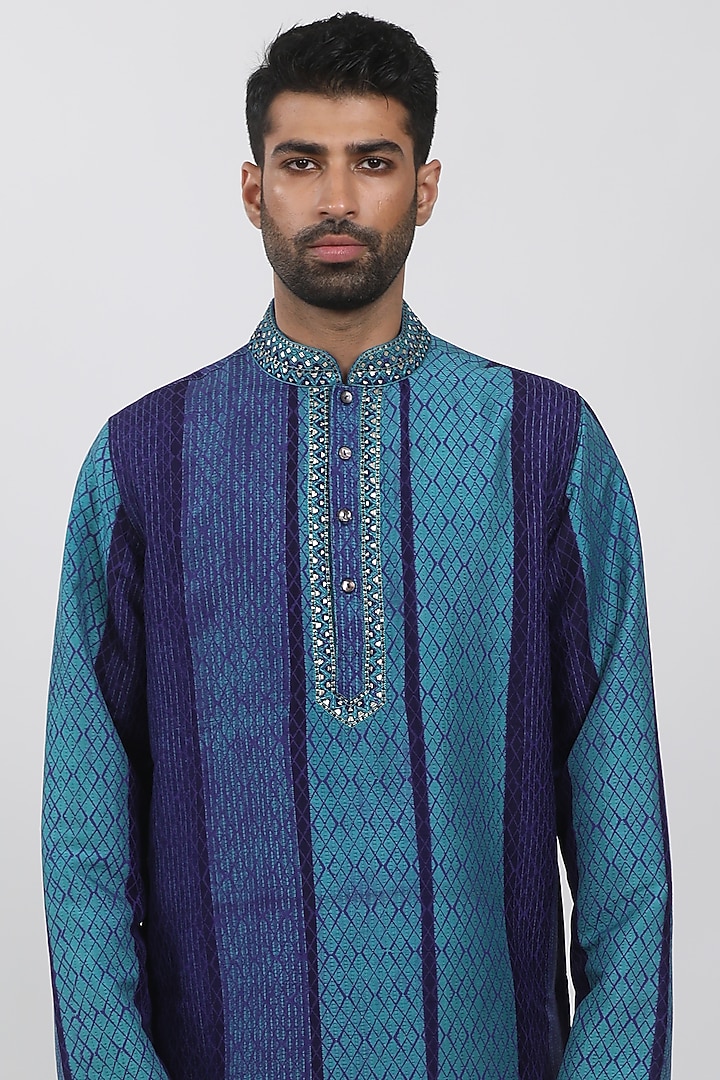 Turquoise & Indigo Tussar Hand Block Printed Kurta Set by Krishna Mehta Men at Pernia's Pop Up Shop