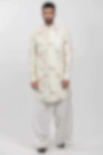 Cream Cotton Viscose Embroidered Sherwani Set by Krishna Mehta Men