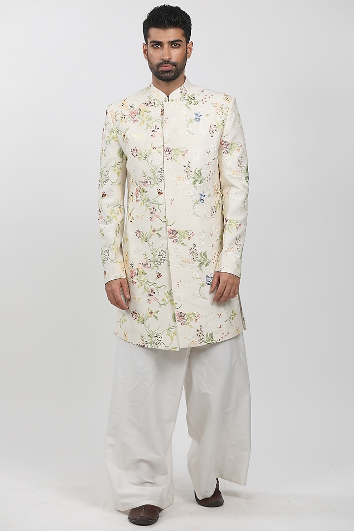 Cream Cotton Viscose Embroidered Sherwani Set by Krishna Mehta Men