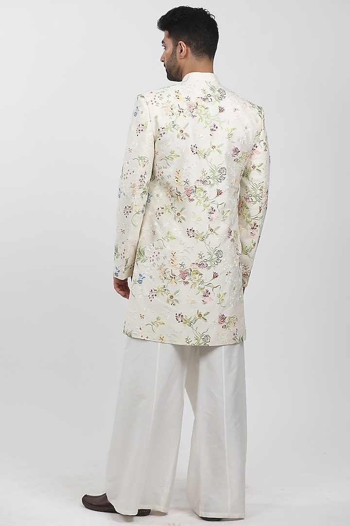 Cream Cotton Viscose Embroidered Wedding Sherwani Set by Krishna Mehta Men at Pernia's Pop Up Shop