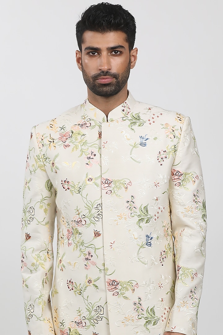 Cream Cotton Viscose Embroidered Wedding Sherwani Set by Krishna Mehta Men at Pernia's Pop Up Shop