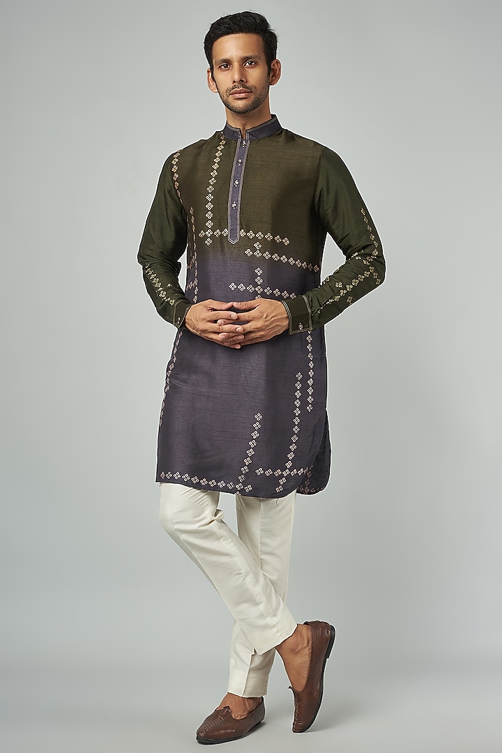 Olive Grey Tussar Embroidered Kurta Set by Krishna Mehta Men