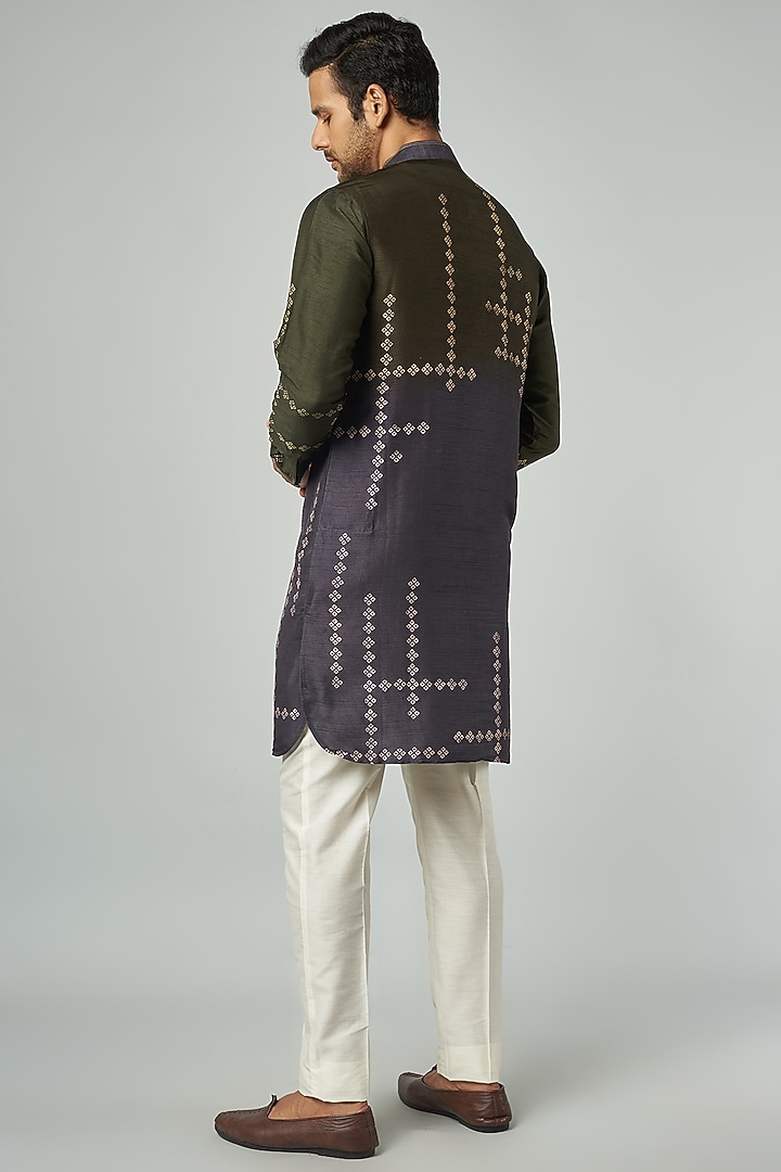Olive Grey Tussar Embroidered Kurta Set by Krishna Mehta Men at Pernia's Pop Up Shop
