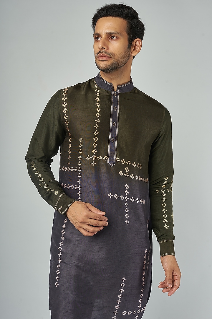 Olive Grey Tussar Embroidered Kurta Set by Krishna Mehta Men at Pernia's Pop Up Shop