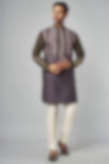 Olive-Grey Tussar Machine Embroidered & Printed Kurta Set by Krishna Mehta Men