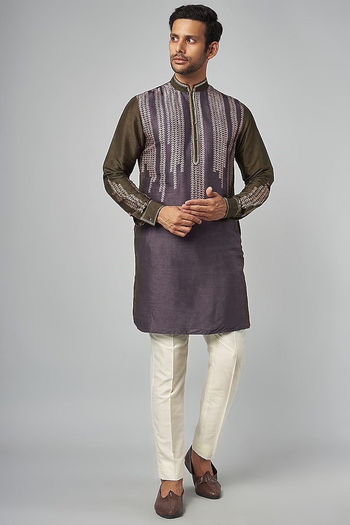 Olive-Grey Tussar Machine Embroidered & Printed Kurta Set by Krishna Mehta Men