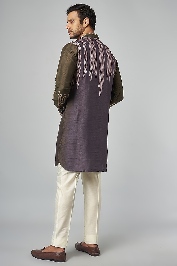 Olive-Grey Tussar Machine Embroidered & Printed Kurta Set by Krishna Mehta Men at Pernia's Pop Up Shop