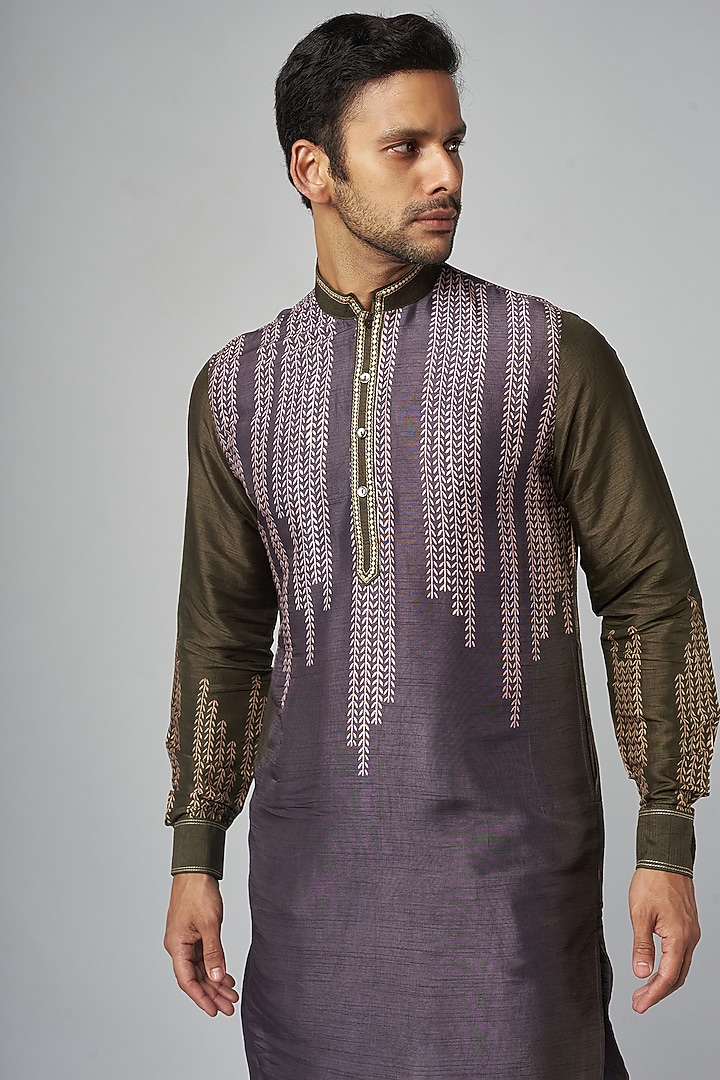 Olive-Grey Tussar Machine Embroidered & Printed Kurta Set by Krishna Mehta Men at Pernia's Pop Up Shop