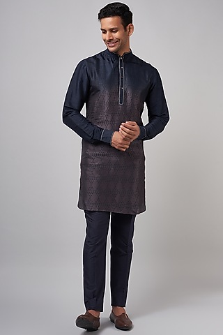 Blue & Grey Tussar Hand Block Printed Kurta Set by Krishna Mehta Men