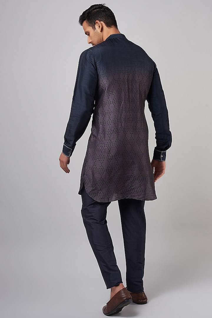 Blue & Grey Tussar Hand Block Printed Kurta Set by Krishna Mehta Men at Pernia's Pop Up Shop