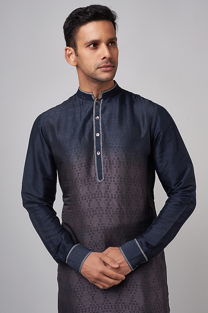 Blue & Grey Tussar Hand Block Printed Kurta Set by Krishna Mehta Men at Pernia's Pop Up Shop