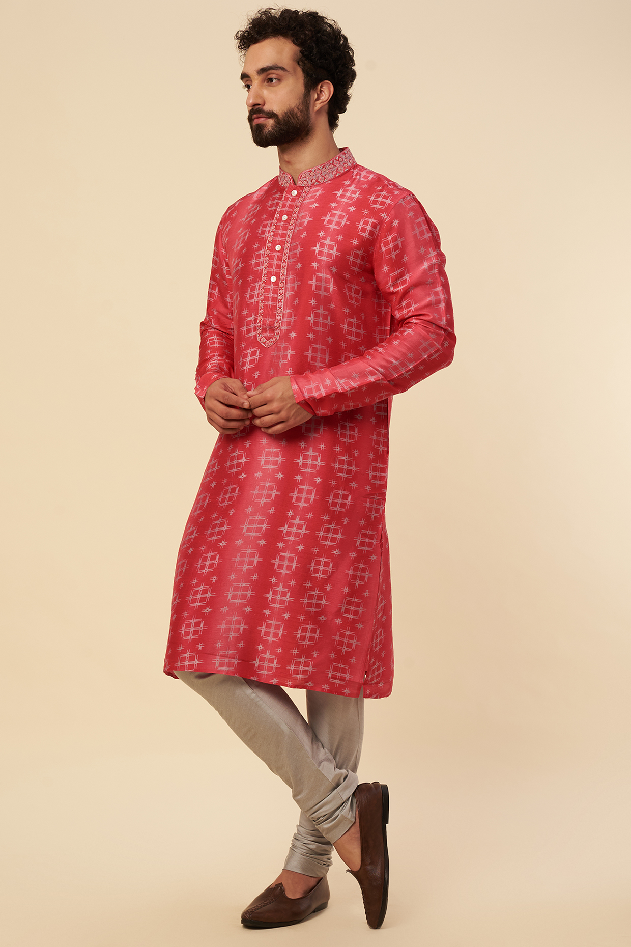 Red Printed Kurta Set by Krishna Mehta Men