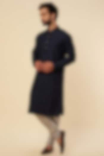 Navy Blue Embroidered Kurta Set by Krishna Mehta Men