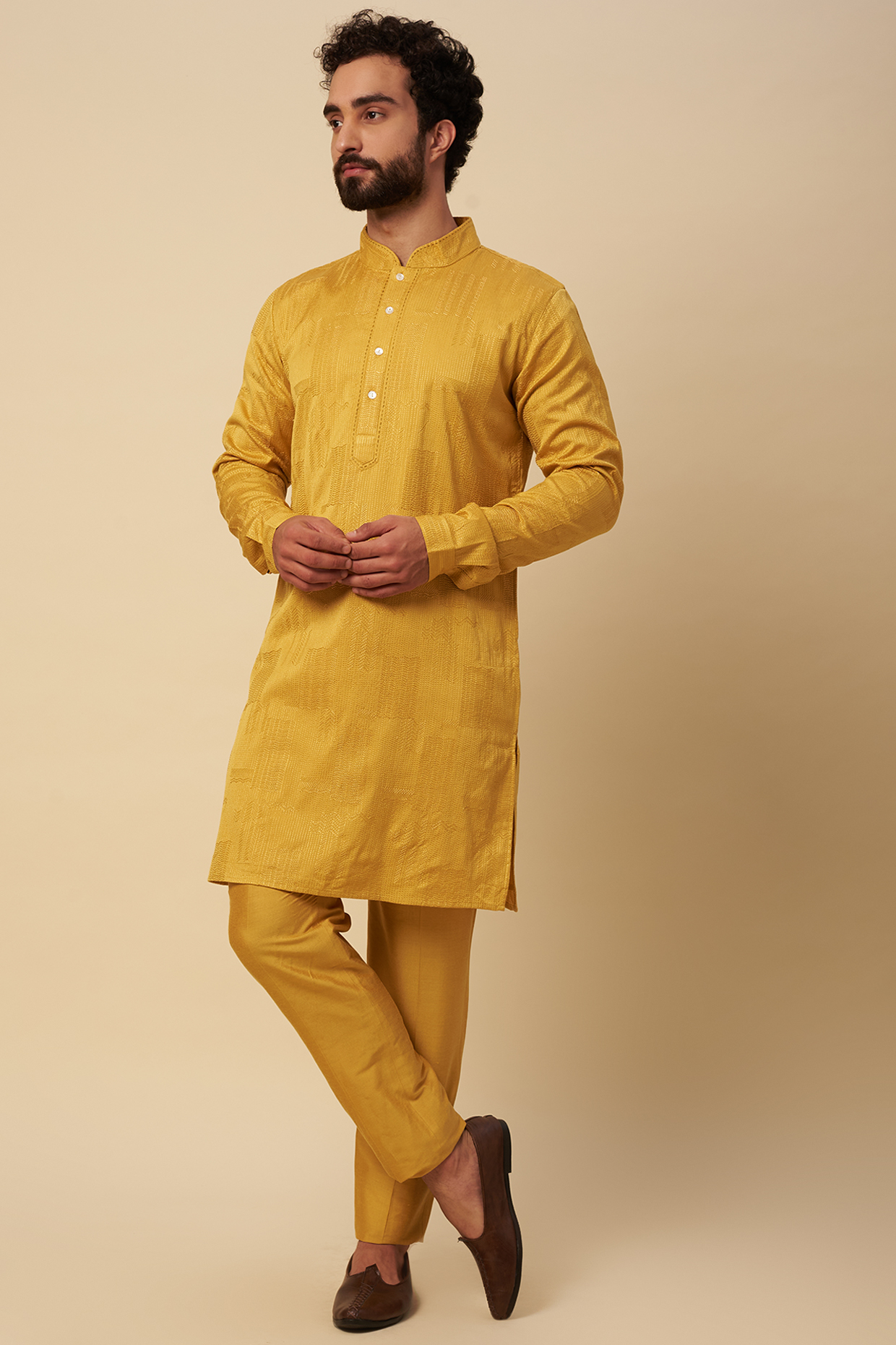 Mustard Embroidered Kurta Set by Krishna Mehta Men at Pernia's Pop Up Shop