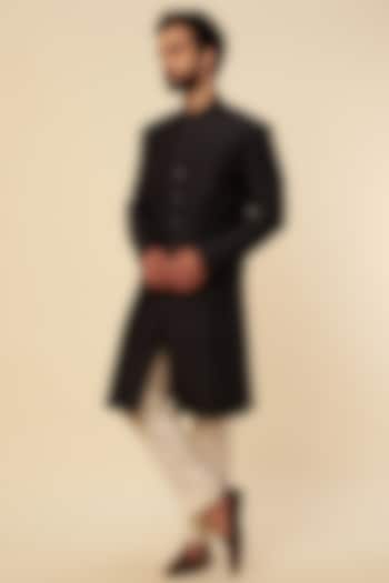 Black-Green Silk Embroidered Wedding Sherwani Set by Krishna Mehta Men at Pernia's Pop Up Shop