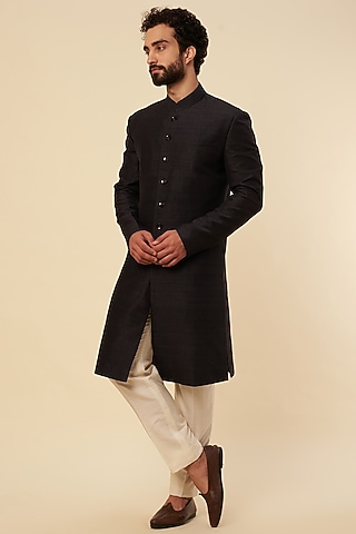 Black-Green Silk Embroidered Sherwani Set by Krishna Mehta Men