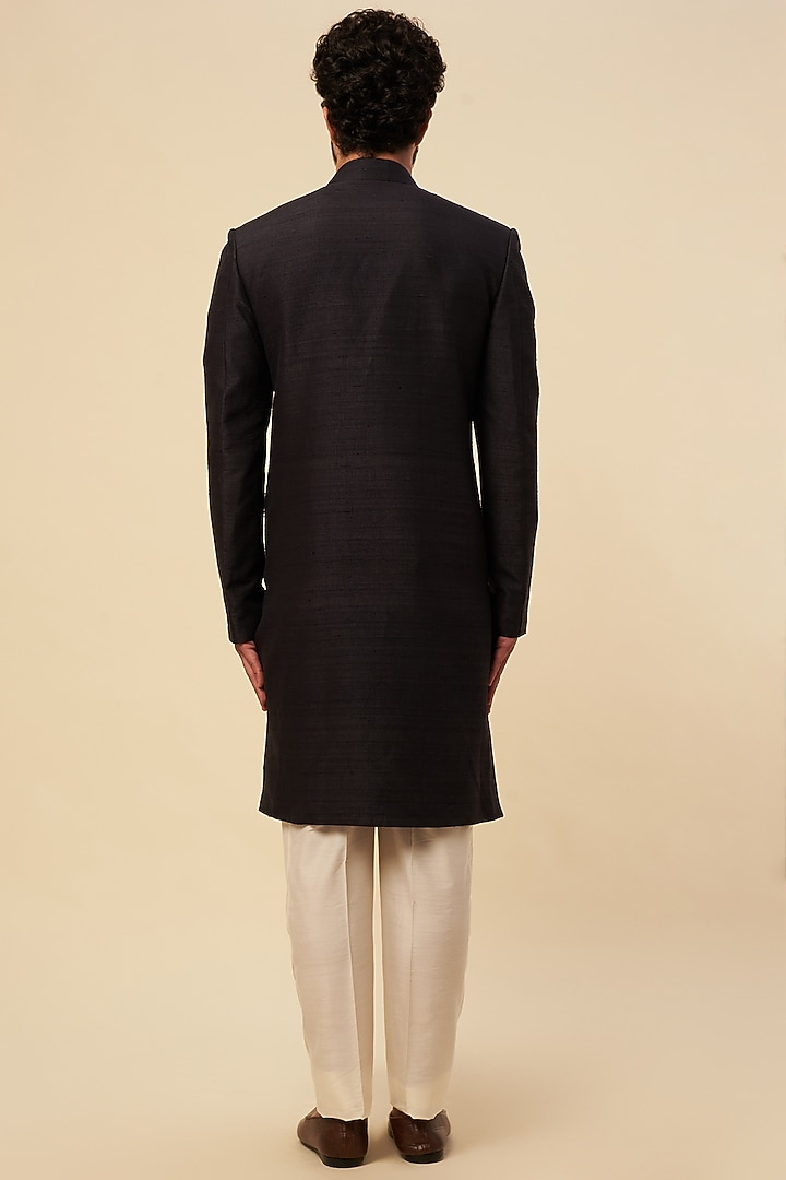 Black-Green Silk Embroidered Wedding Sherwani Set by Krishna Mehta Men at Pernia's Pop Up Shop