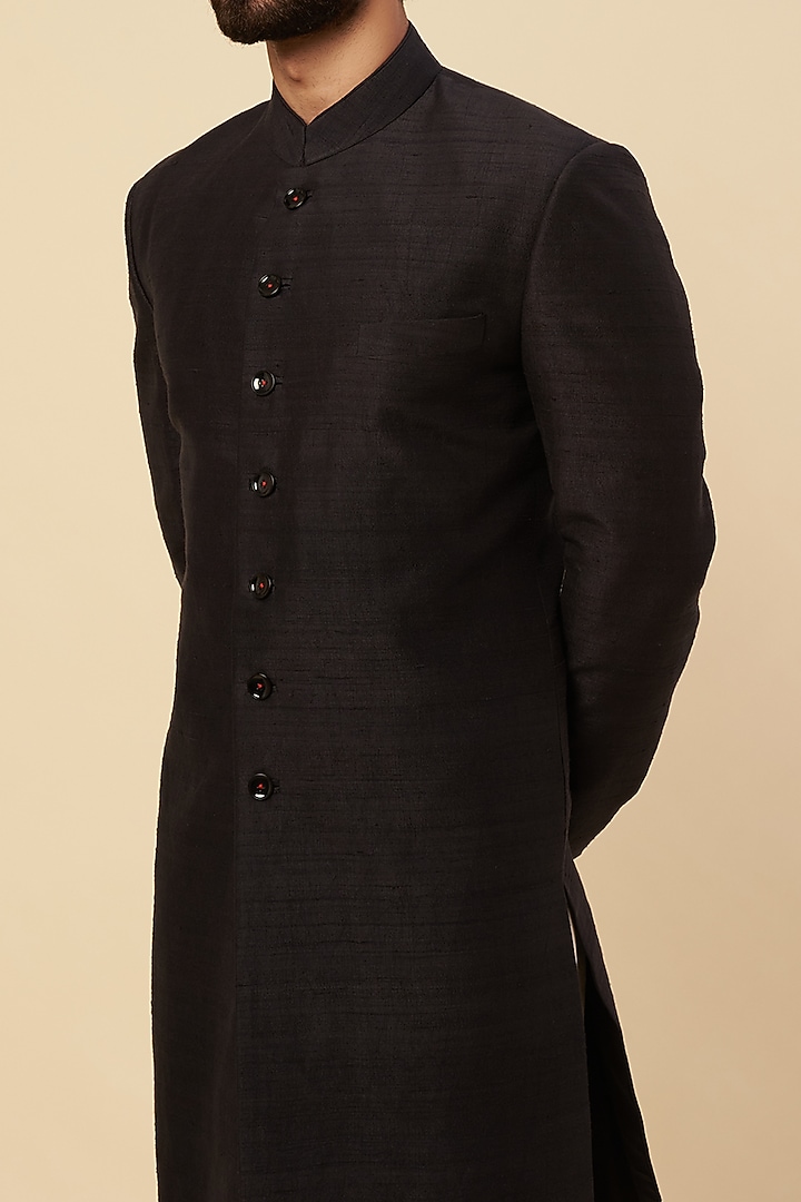 Black-Green Silk Embroidered Wedding Sherwani Set by Krishna Mehta Men at Pernia's Pop Up Shop