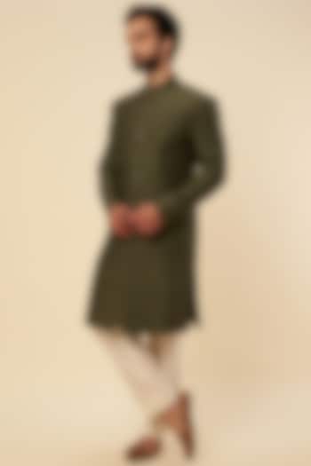 Olive Green Raw Silk Zardosi Embroidered Sherwani Set by Krishna Mehta Men