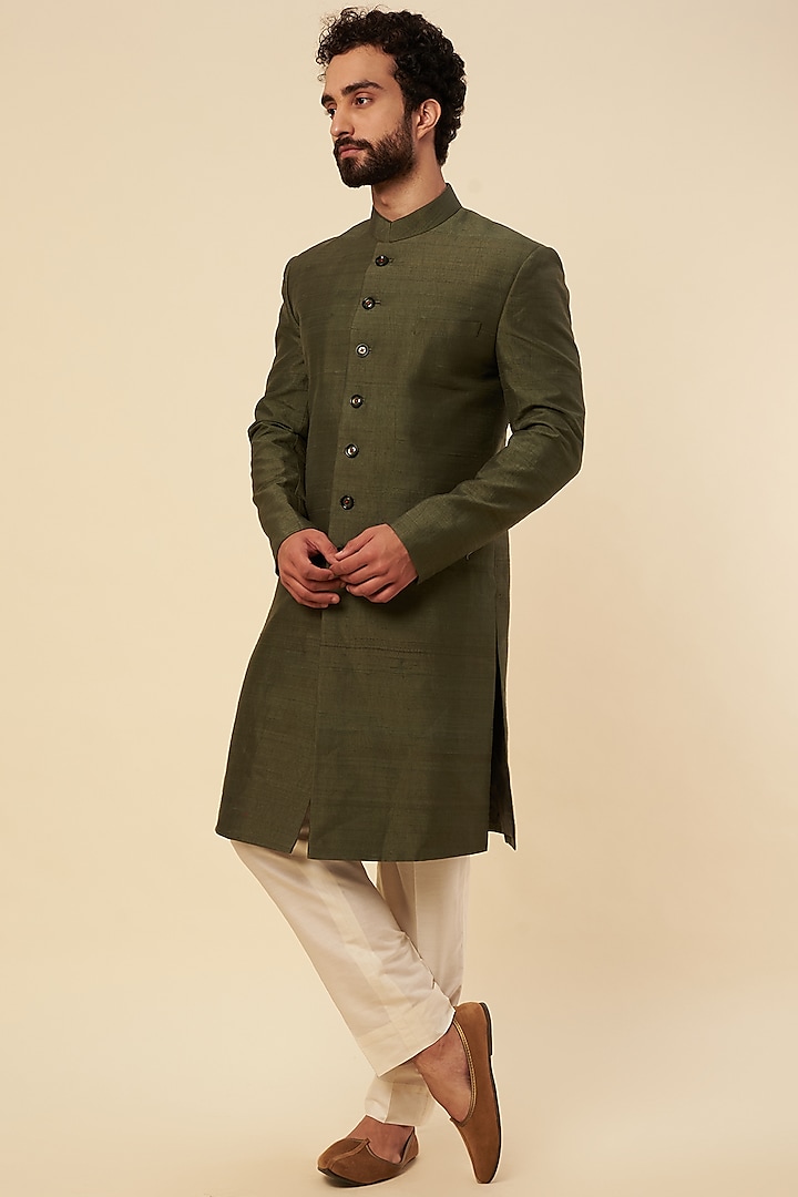Olive Green Raw Silk Zardosi Embroidered Sherwani Set by Krishna Mehta Men