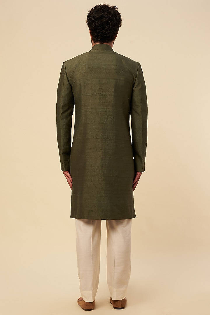 Olive Green Raw Silk Zardosi Embroidered Wedding Sherwani Set by Krishna Mehta Men at Pernia's Pop Up Shop